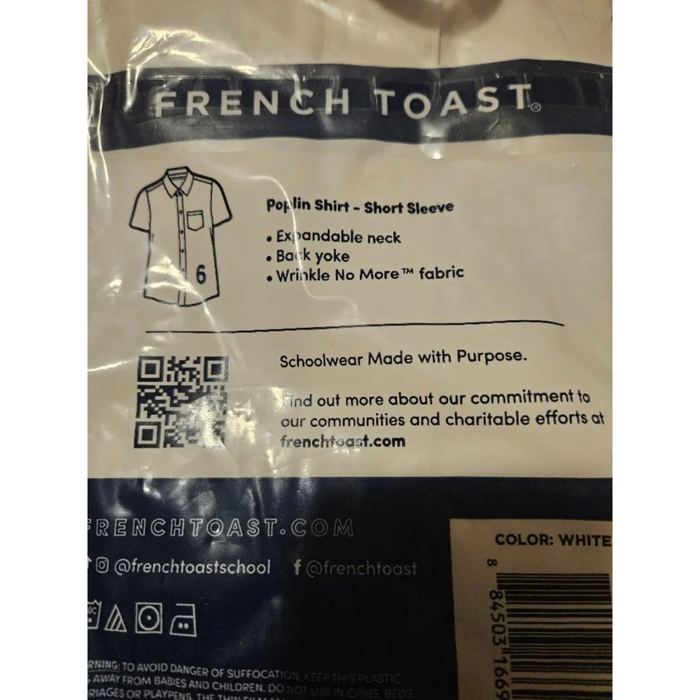 Boys' French Toast Short Sleeve Uniform Shirt, Size 6, White New